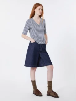 Stretch linen jersey V-neck T-shirt - ULTRAMARINE