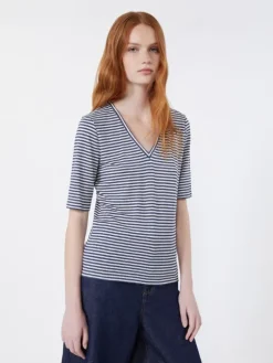 Stretch linen jersey V-neck T-shirt - ULTRAMARINE