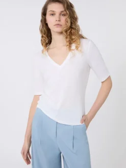 Stretch linen jersey V-neck T-shirt - WHITE