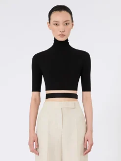Stretch viscose cropped turtleneck - BLACK