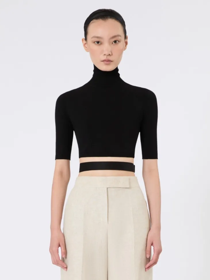 Stretch viscose cropped turtleneck - BLACK
