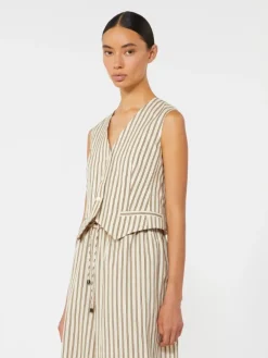 Striped cotton and silk canvas gilet - BEIGE