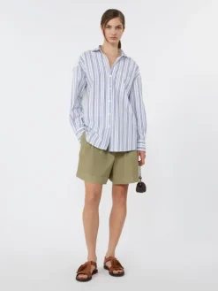Striped cotton shirt with eyelet lace - NAVY