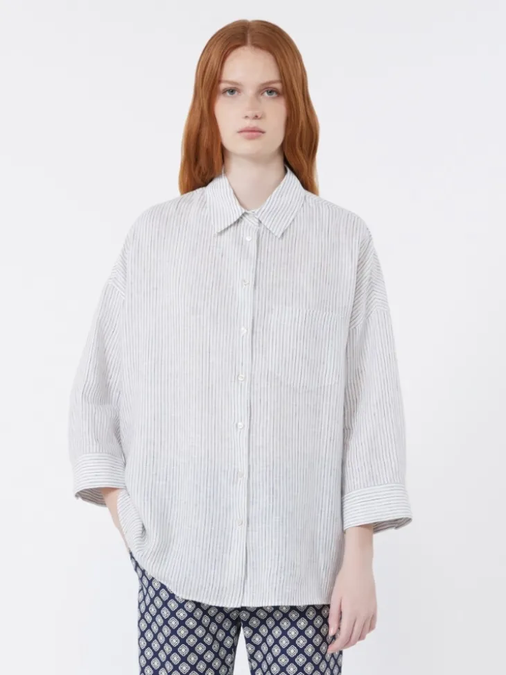 Striped linen canvas shirt - NAVY