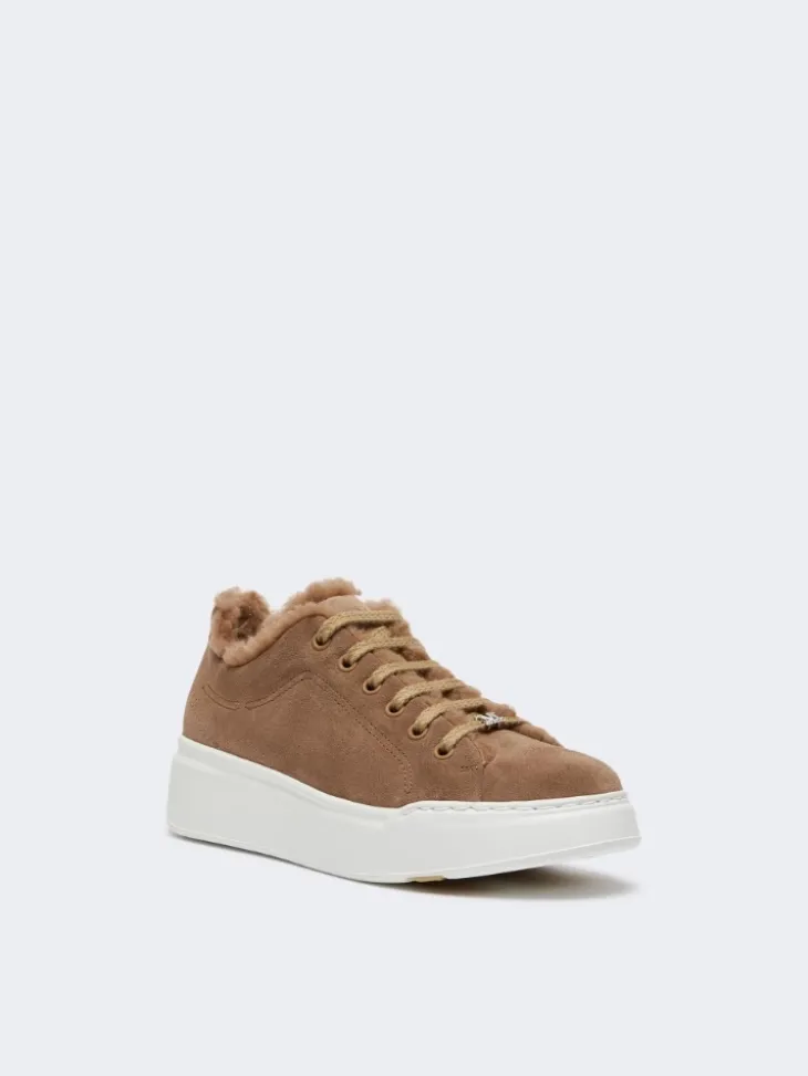 Suede and Teddy fabric trainers - CAMEL