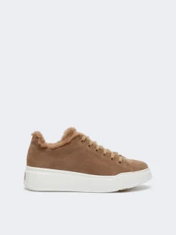 Suede and Teddy fabric trainers - CAMEL