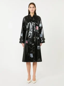 Vinyl-effect gabardine midi trench coat - BLACK