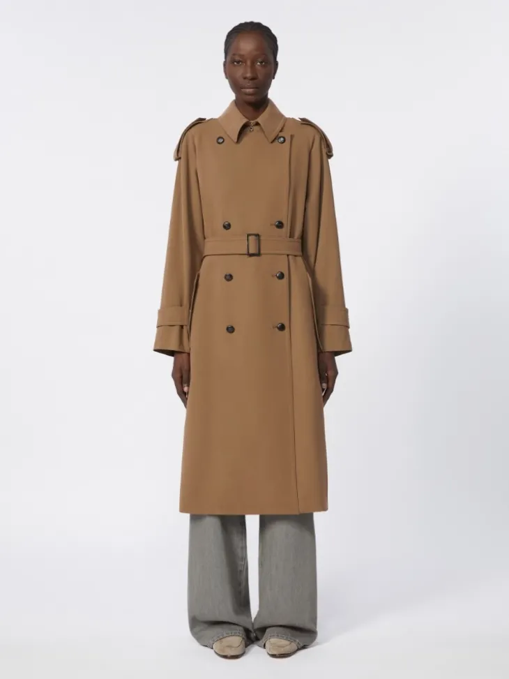 Water-repellent wool gabardine trench coat - BROWN
