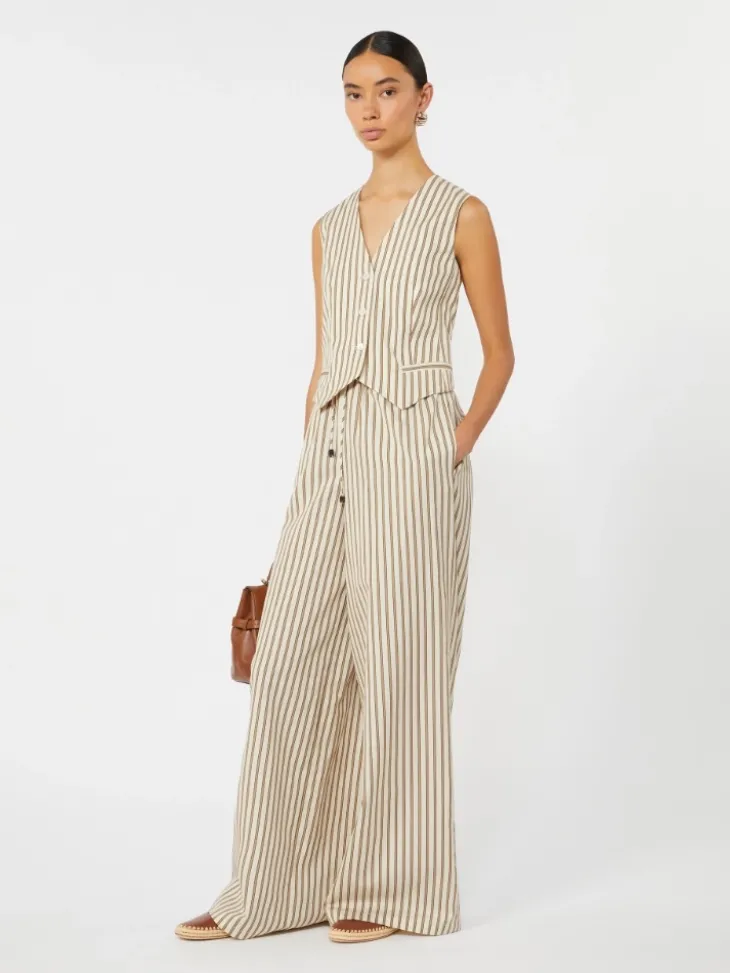 Wide-fit striped cotton and silk canvas trousers - BEIGE