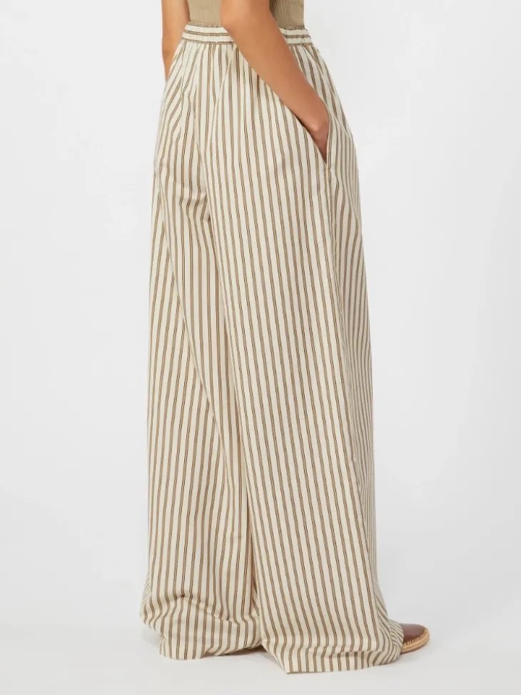 Wide-fit striped cotton and silk canvas trousers - BEIGE