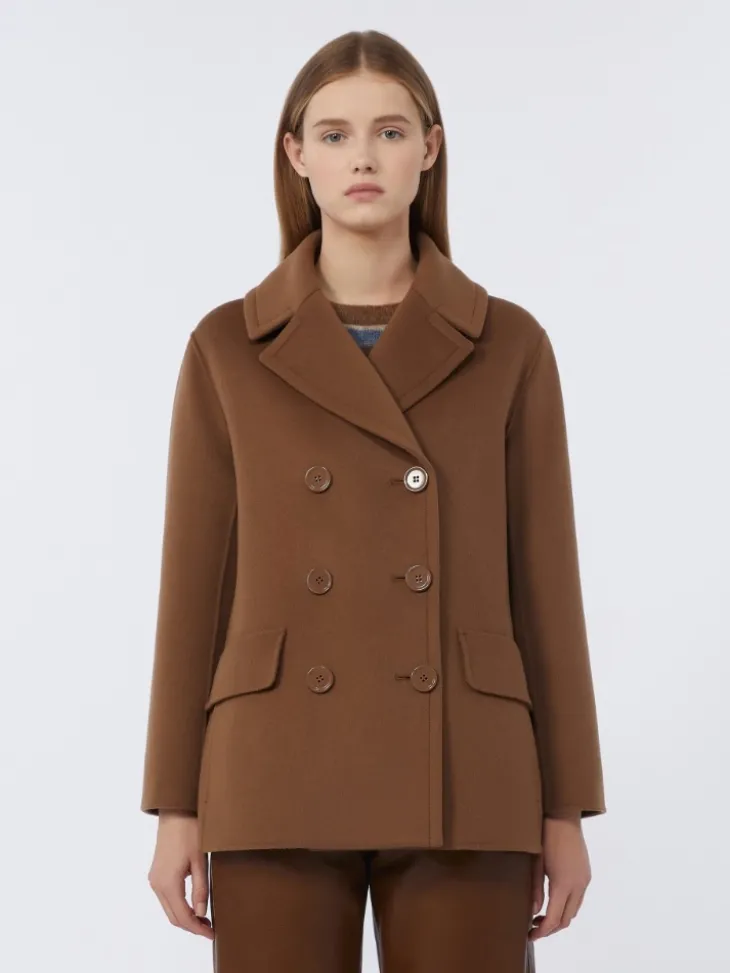 Wool broadcloth pea coat - TOBACCO