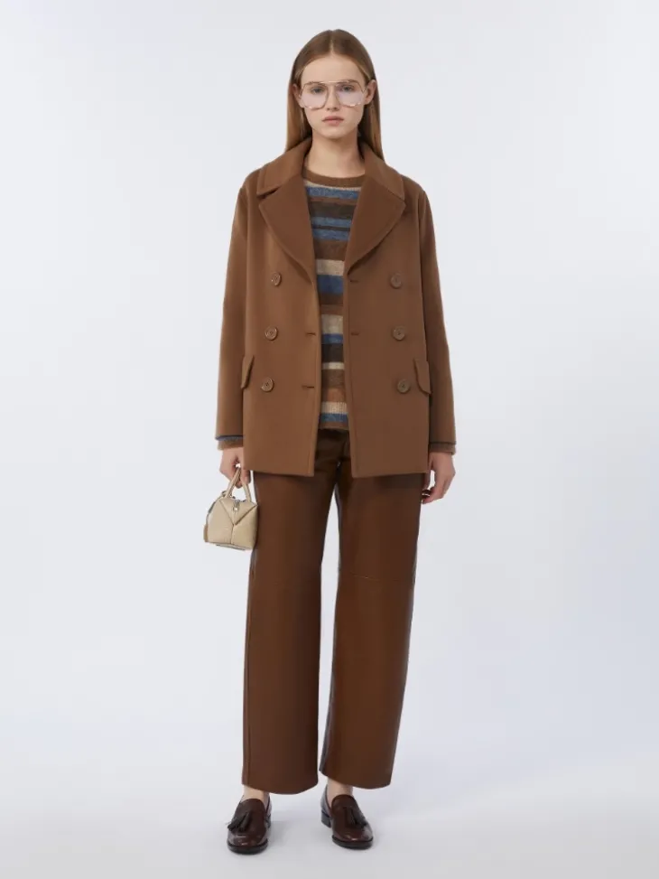 Wool broadcloth pea coat - TOBACCO