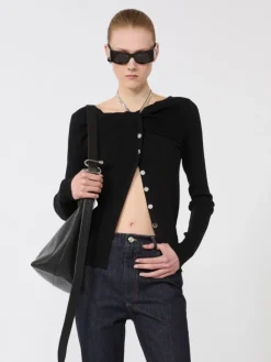 Wool cardigan with chain - BLACK