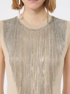 Wool top with bejewelled fringe detail - BEIGE