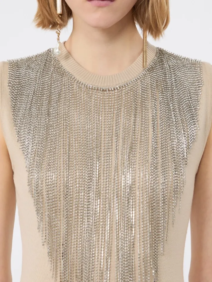 Wool top with bejewelled fringe detail - BEIGE