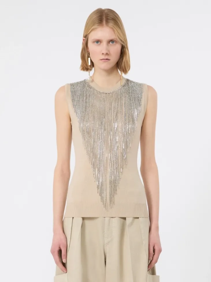 Wool top with bejewelled fringe detail - BEIGE