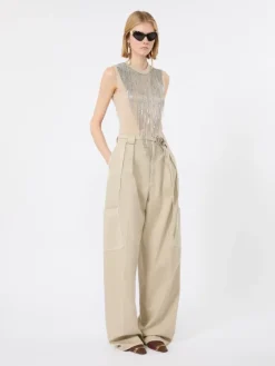 Wool top with bejewelled fringe detail - BEIGE