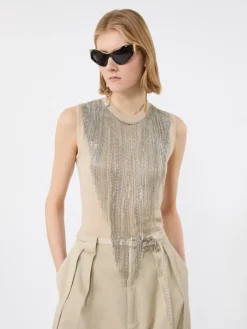 Wool top with bejewelled fringe detail - BEIGE