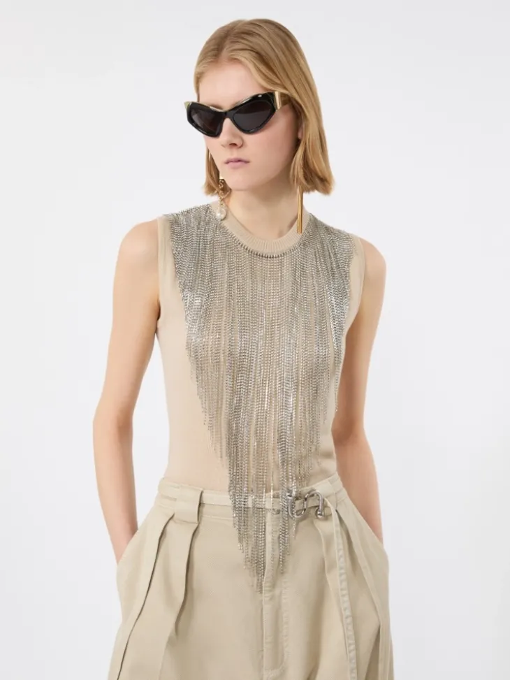 Wool top with bejewelled fringe detail - BEIGE