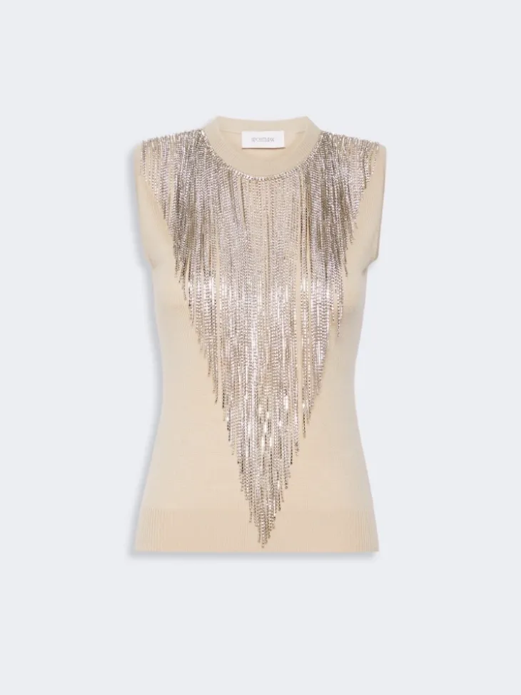 Wool top with bejewelled fringe detail - BEIGE