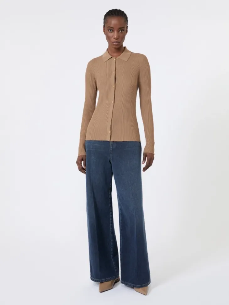 Woollen yarn fitted cardigan - CAMEL